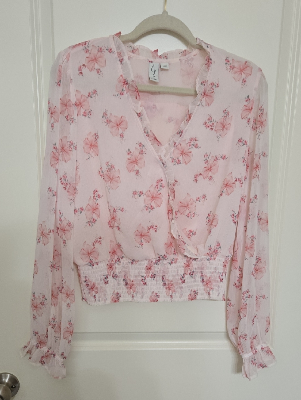 Joie Pink Floral Sheer V-Neck Smocked-Waist Blouse